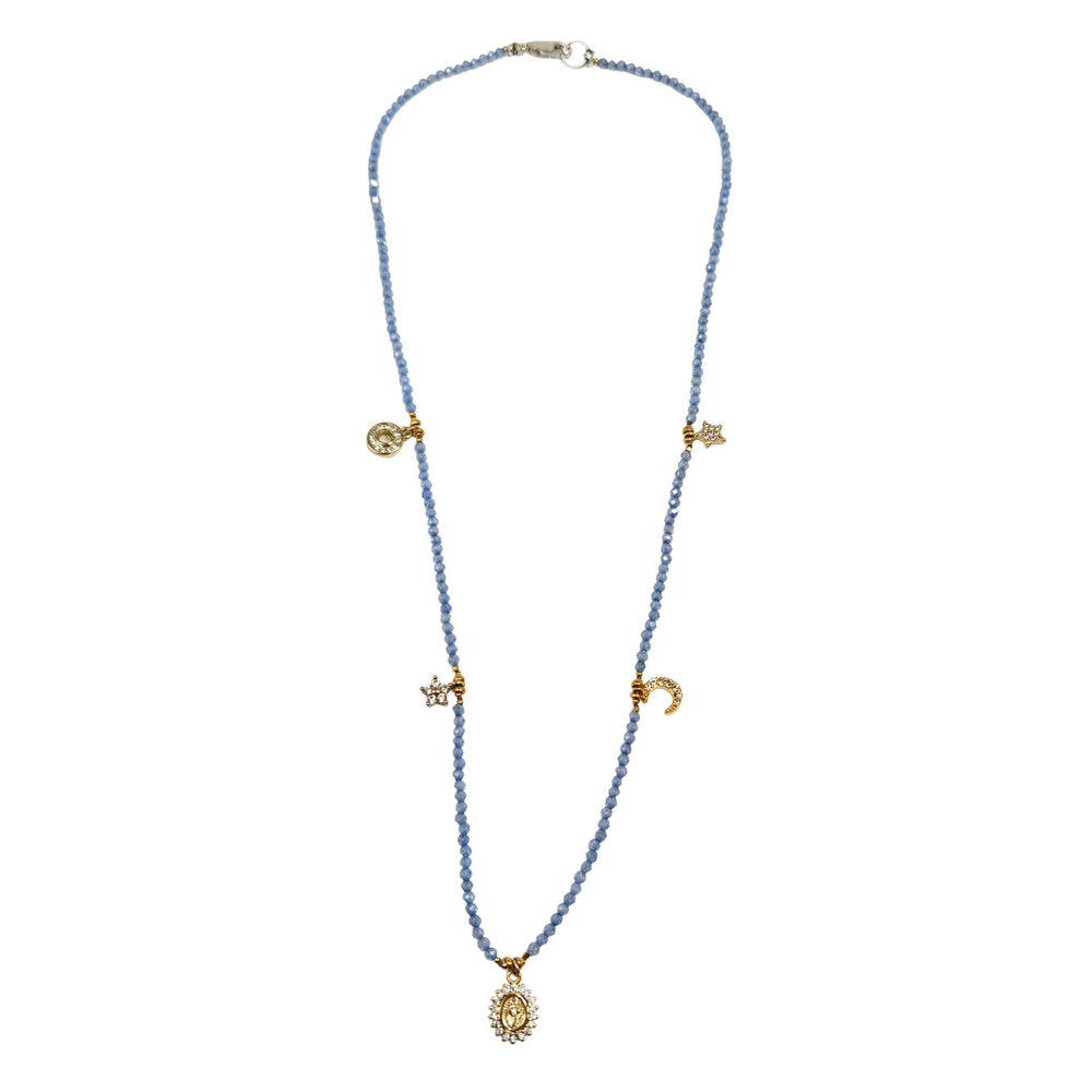 Charm necklace with pale violet blue beaded strand and gold-toned flower pendant
