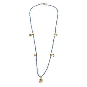 Charm necklace with pale violet blue beaded strand and gold-toned flower pendant
