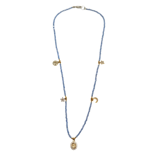 Charm necklace with pale violet blue beaded strand and gold-toned flower pendant