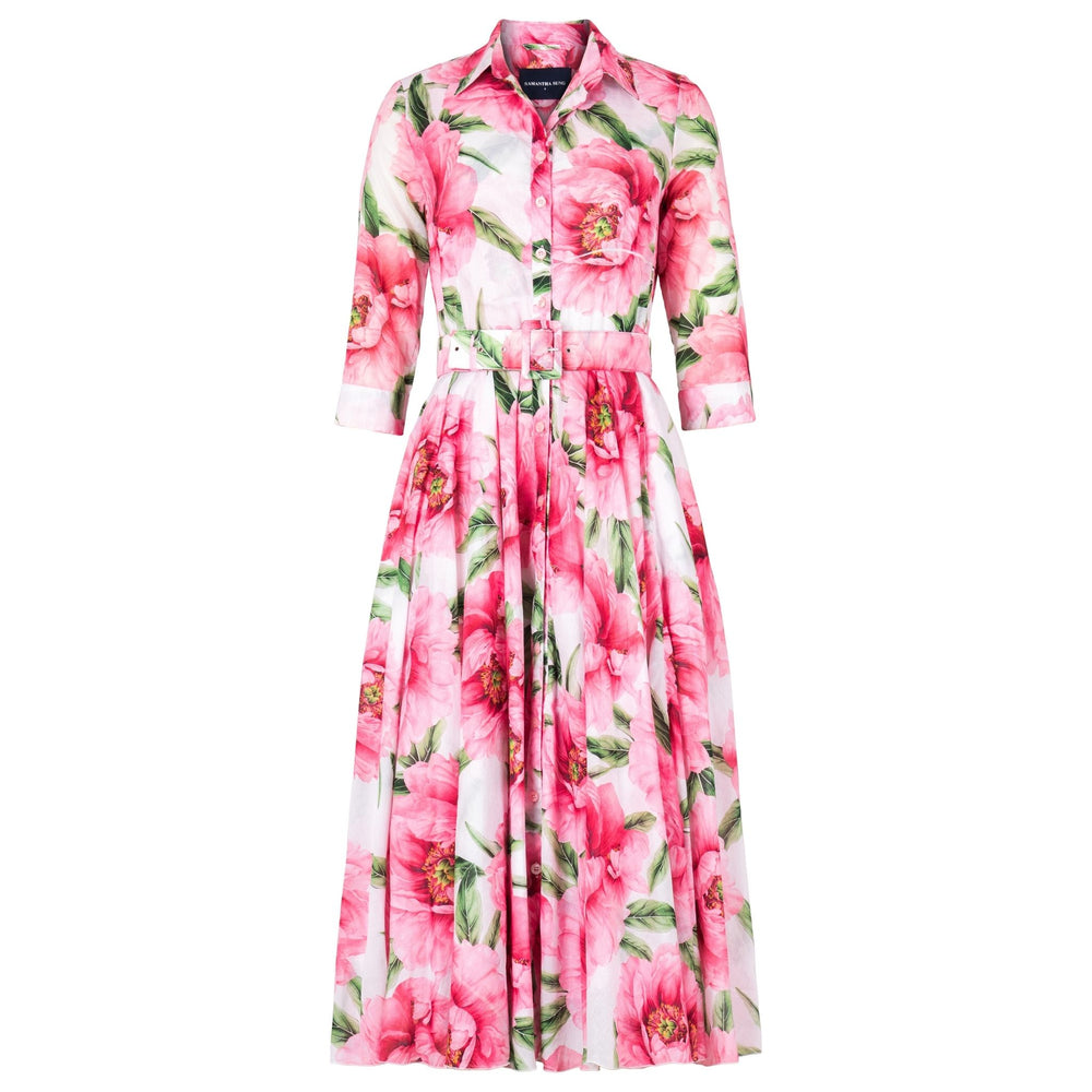 Floral maxi dress in white, pink, and green; button-front, 3/4 sleeves, tied waist belt
