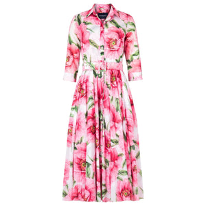 Floral maxi dress in white, pink, and green; button-front, 3/4 sleeves, tied waist belt