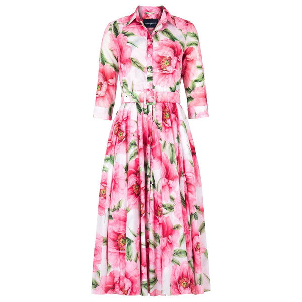 Floral maxi dress in white, pink, and green; button-front, 3/4 sleeves, tied waist belt