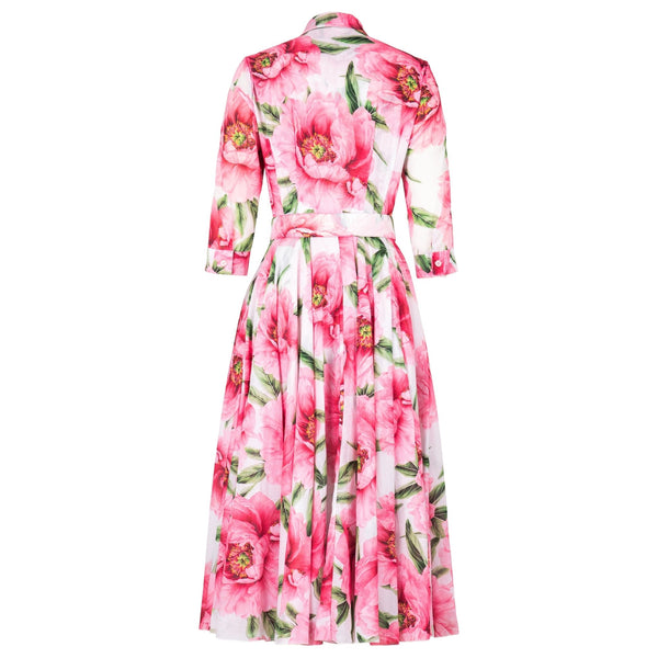 Floral maxi dress back view; white, pink, and green, button-front styling, 3/4 sleeves, waist belt