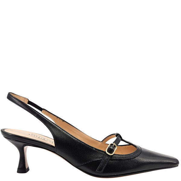 Black kitten heel slingback with round toe, T-strap, and gold buckle closure.