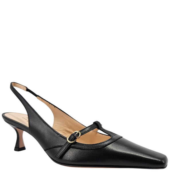 Black slingback court shoe with kitten heel, rounded toe, and gold buckle strap.