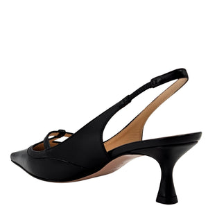 Black slingback pump with kitten heel and ankle sling strap, pointed-toe silhouette.