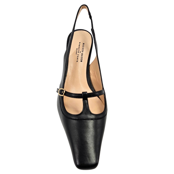 Black leather-look slingback pump with gold buckle strap and smooth low kitten heel.
