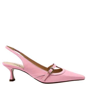 Pink kitten-heel slingback pumps, pointed toe, adjustable buckle strap