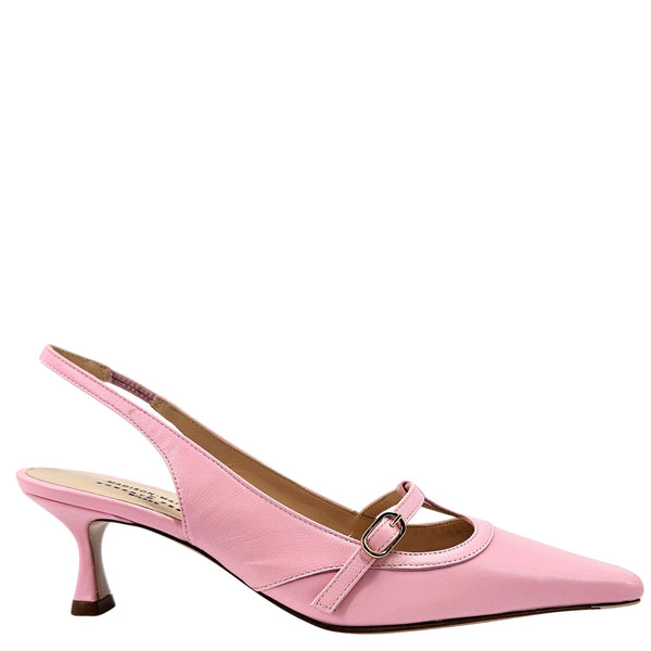 Pink kitten-heel slingback pumps, pointed toe, adjustable buckle strap
