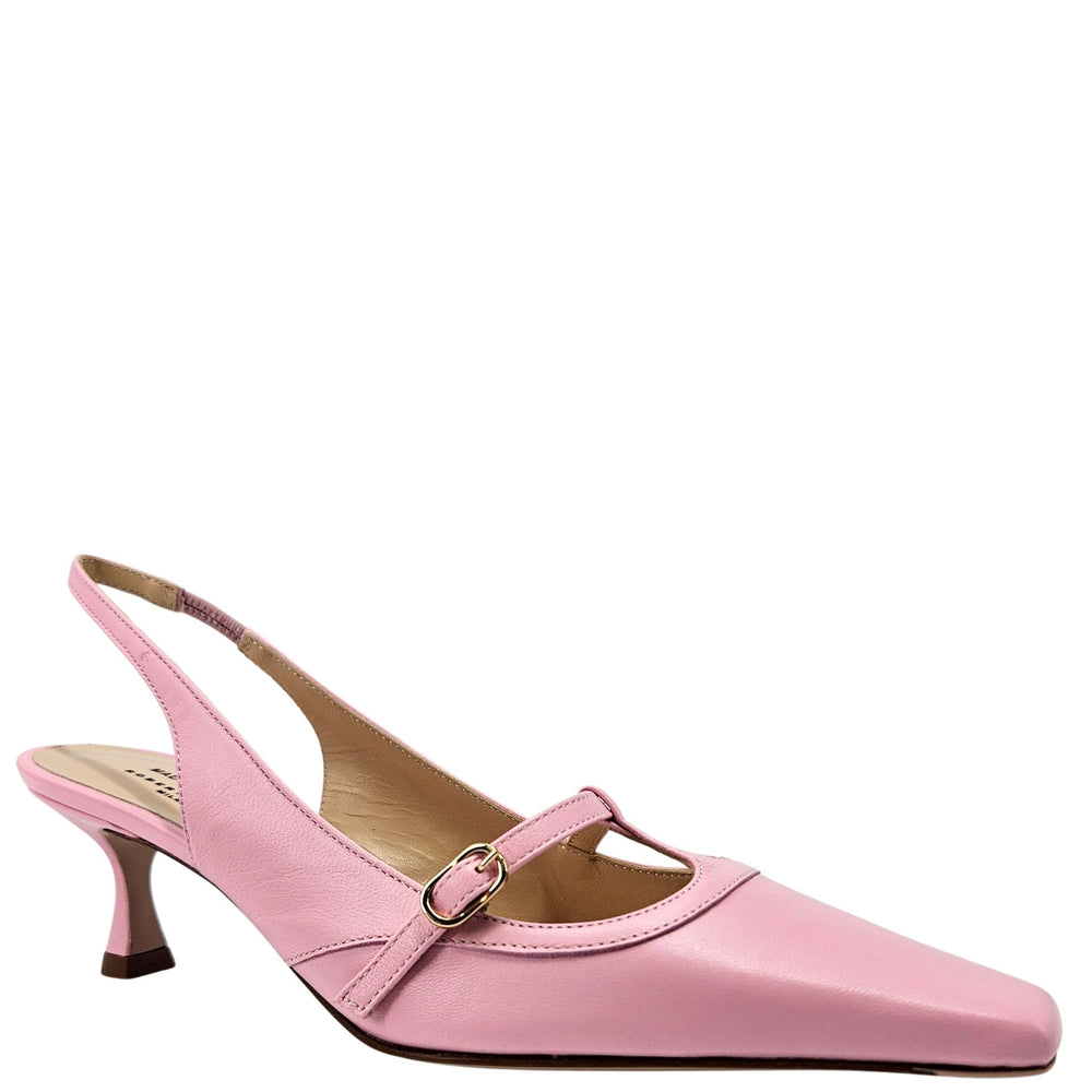 Pink kitten-heel slingback pumps, pointed toe, adjustable buckle strap