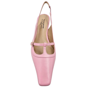 Pink slingback pumps, back view with adjustable strap and padded heel collar