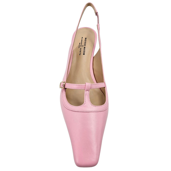 Pink slingback pumps, back view with adjustable strap and padded heel collar