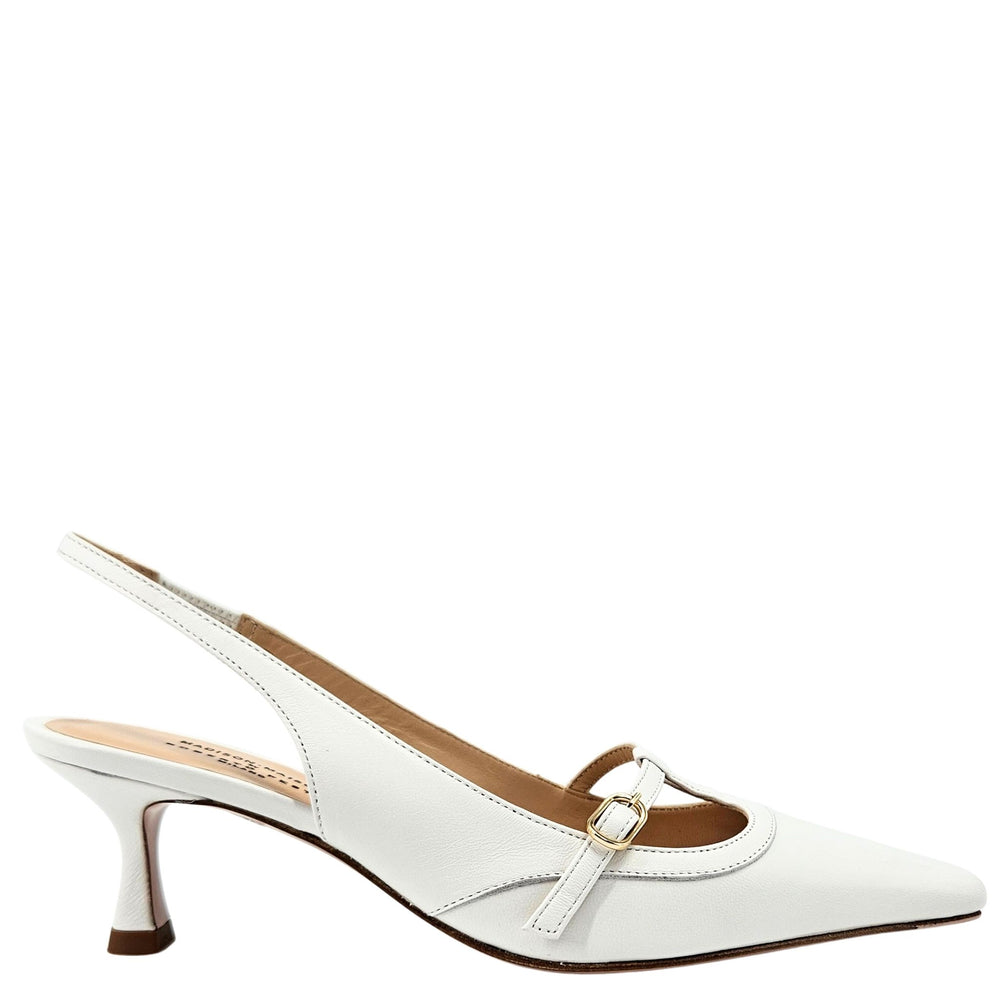 White kitten-heel slingback pumps with adjustable buckle strap and pointed toe