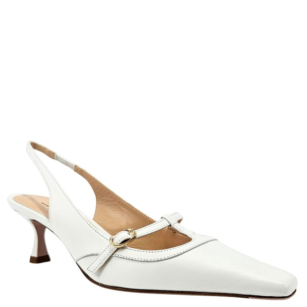 White slingback pumps with kitten heel, buckle strap, and pointed toe