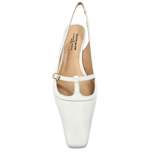 White slingback pump with open back strap, visible insole, and kitten heel