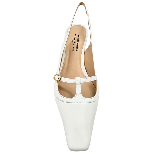 White slingback pump with open back strap, visible insole, and kitten heel