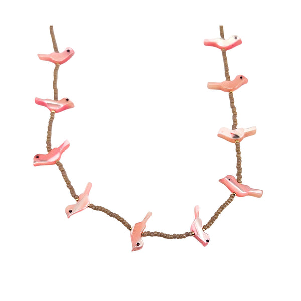 Pink bird charm necklace with multiple bird pendants on a brown chain
