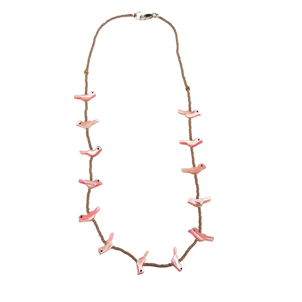Pink bird charm necklace with metal clasp and row of pink bird pendants