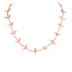 Pink bird charm necklace on brown chain with evenly spaced pink bird pendants