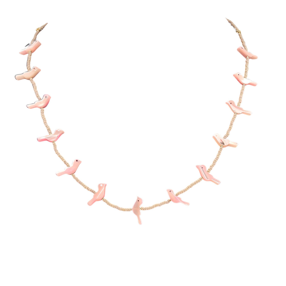Pink bird charm necklace with brown chain and small pink bird pendants