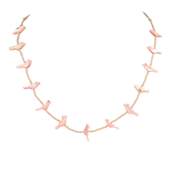 Pink bird charm necklace with brown chain and small pink bird pendants