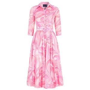 Women's soft pink graphic shirt dress with long sleeves, buttons, and waist belt