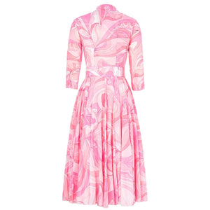 Women's soft pink graphic dress, long sleeves, button back, pleated skirt, waist belt