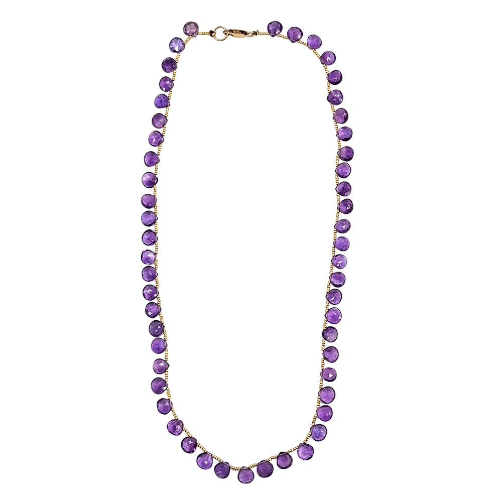 Purple faceted gemstone teardrop bead choker necklace with gold-tone clasp