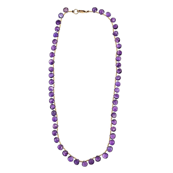 Purple faceted gemstone teardrop bead choker necklace with gold-tone clasp