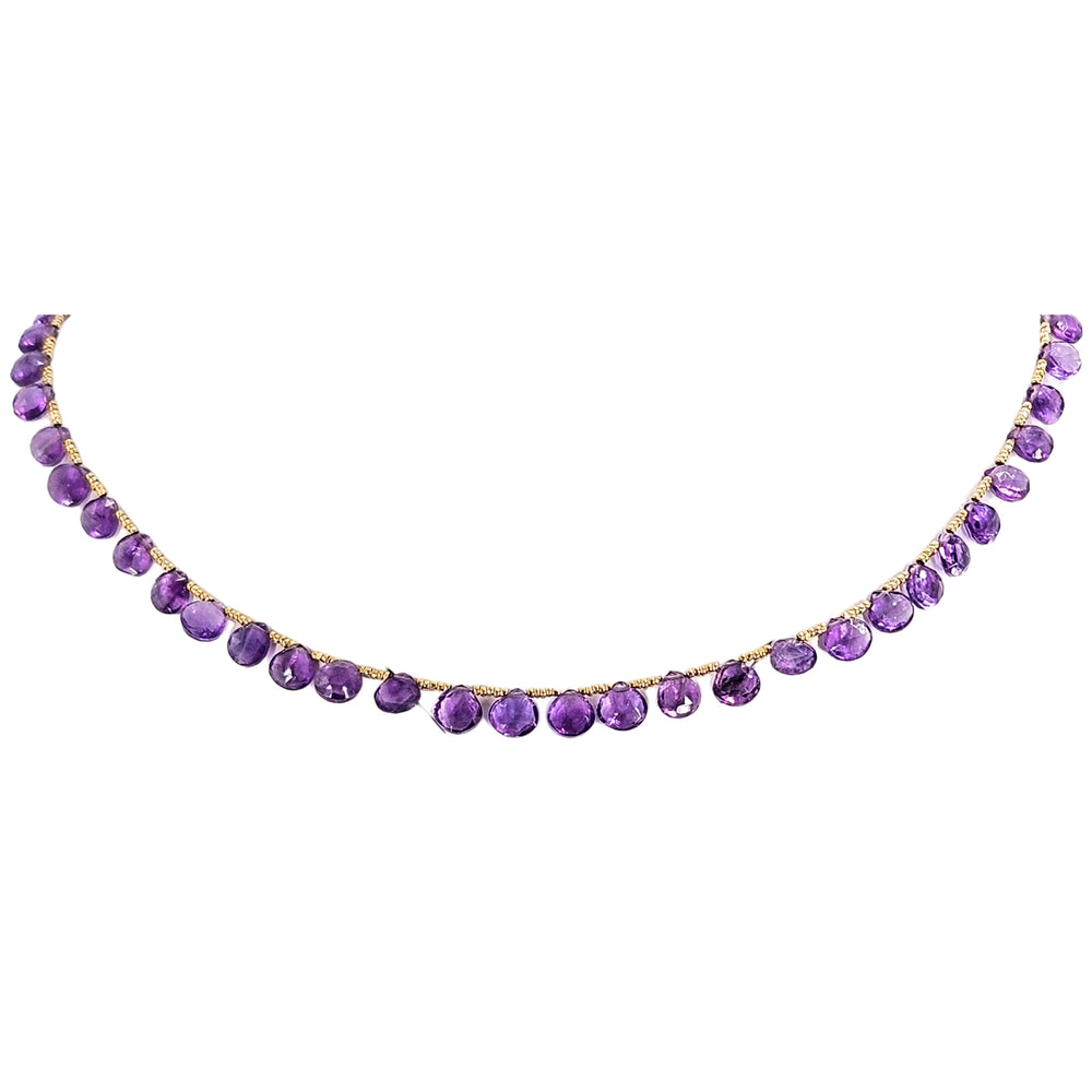 Purple faceted gemstone teardrop bead choker necklace with gold-tone clasp