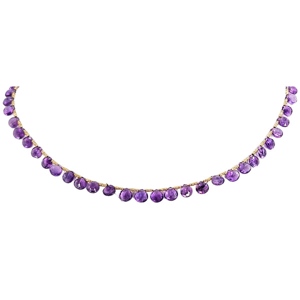 Purple faceted teardrop bead choker necklace with gold-tone links along neckline
