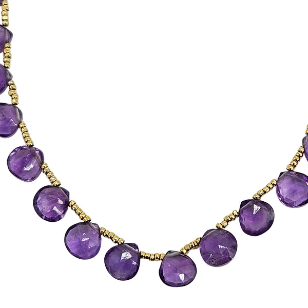 Purple faceted gemstone teardrop beads on gold-tone chain choker necklace