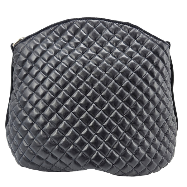Quilted navy leather shoulder bag with diamond pattern, top zipper and side handles