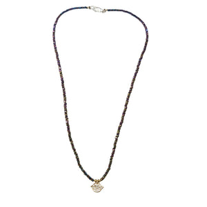 Multicolor bead necklace with small gold-tone heart pendant and dark cord