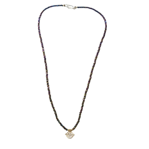 Multicolor bead necklace with small gold-tone heart pendant and dark cord