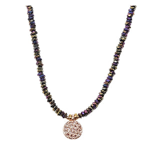 Rainbow beaded charm choker necklace with round pink-gold disc pendant and dark multicolor beads
