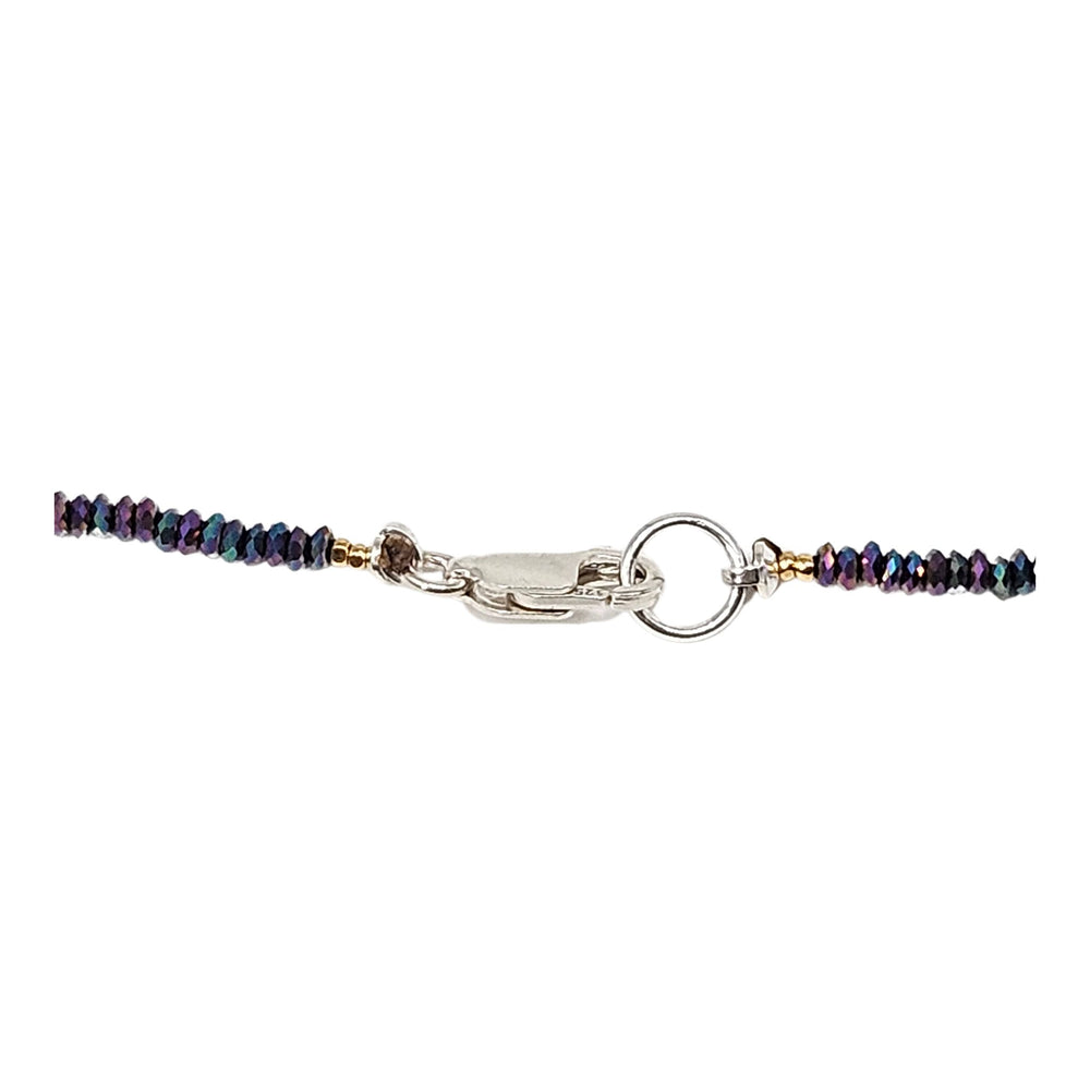 Rainbow beaded charm choker necklace with round pink-gold disc pendant and dark multicolor beads