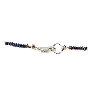 Beaded choker necklace clasp with oval link, open ring, and dark rainbow bead strands