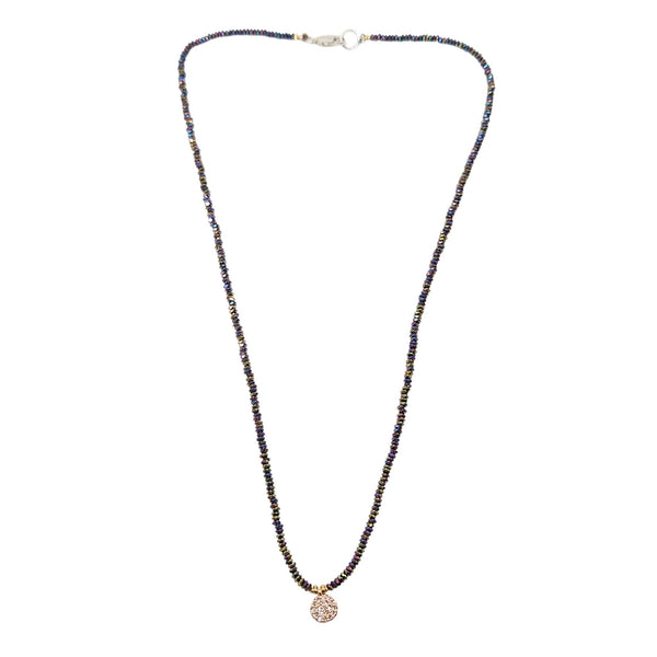 Multicolor beaded charm choker necklace with small round disc pendant and spring-ring clasp