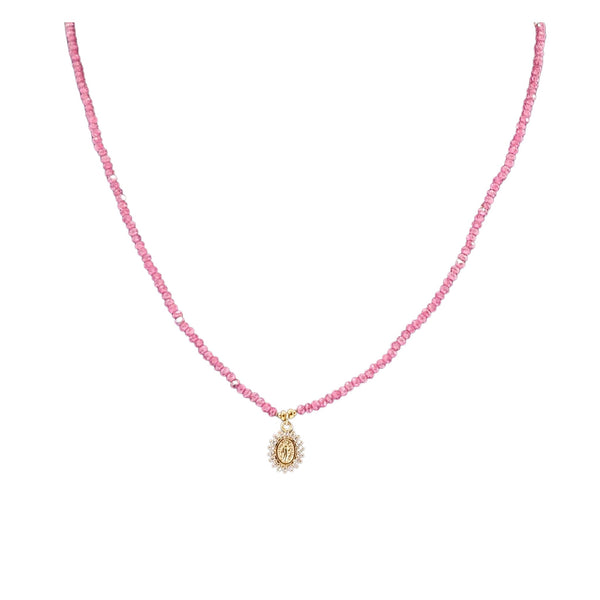 Pink beaded necklace with gold round Mary pendant centered