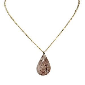 Teardrop brown rutilated gemstone pendant on slender gold-tone chain