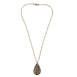 Gold-tone chain necklace with brown rutilated teardrop gemstone pendant