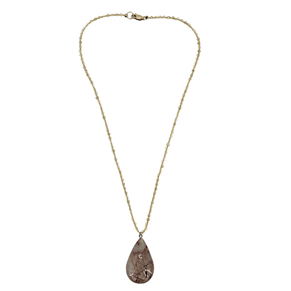 Gold-tone chain necklace with brown rutilated teardrop gemstone pendant