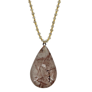 Brown rutilated teardrop pendant necklace with textured gold-tone bead chain