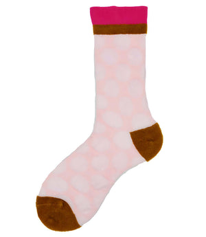 Short socks with light pink heart/oval pattern, brown toe-heel, magenta cuff