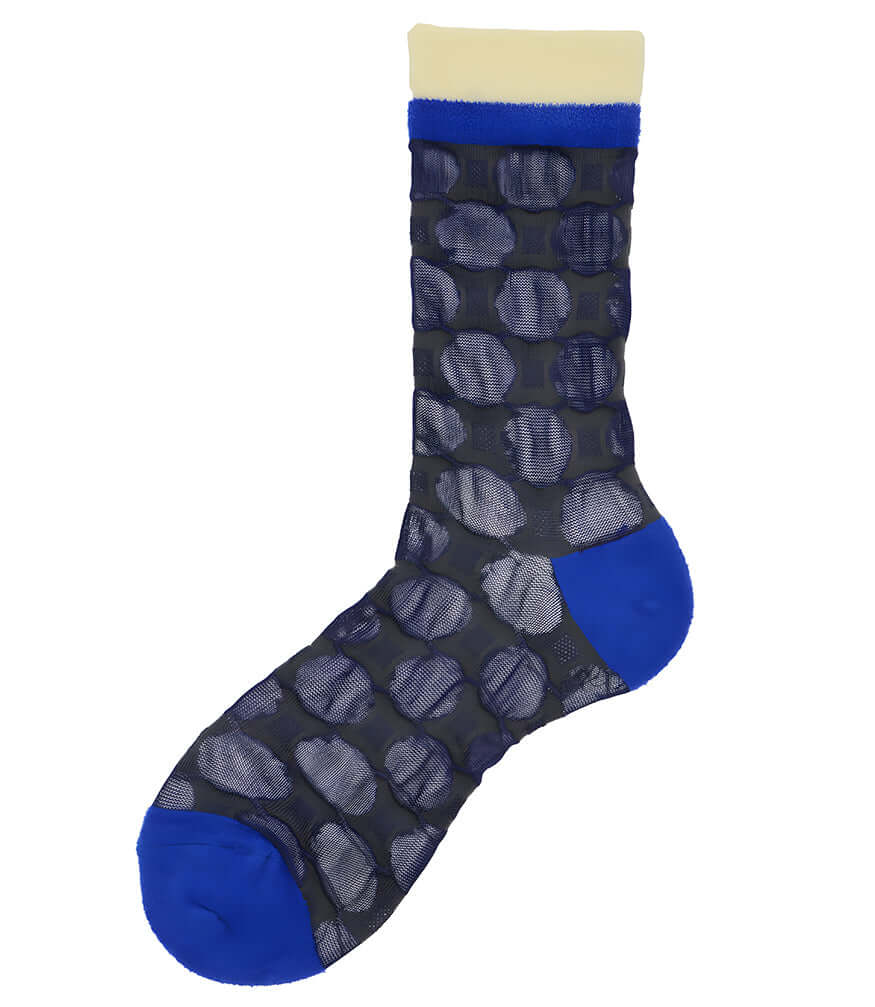 Blue short socks with ribbed cuff and dark gray textured pattern