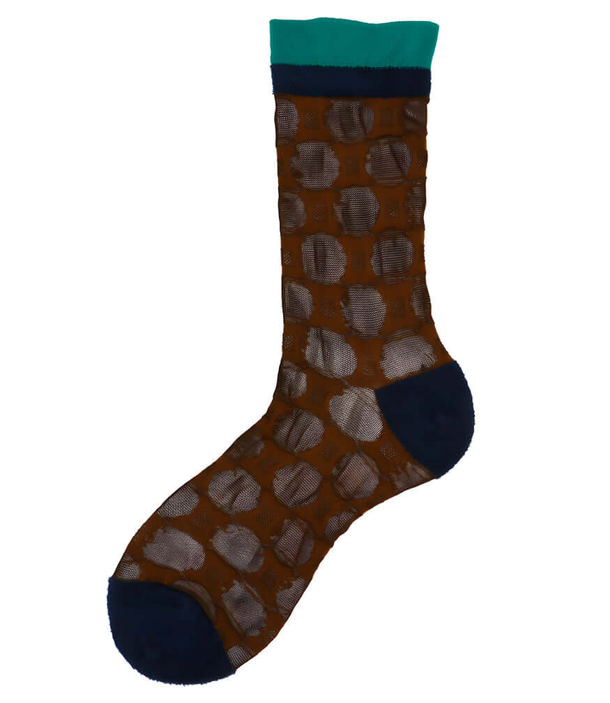 Brown short socks with gray geometric pattern, green cuff, and navy toe