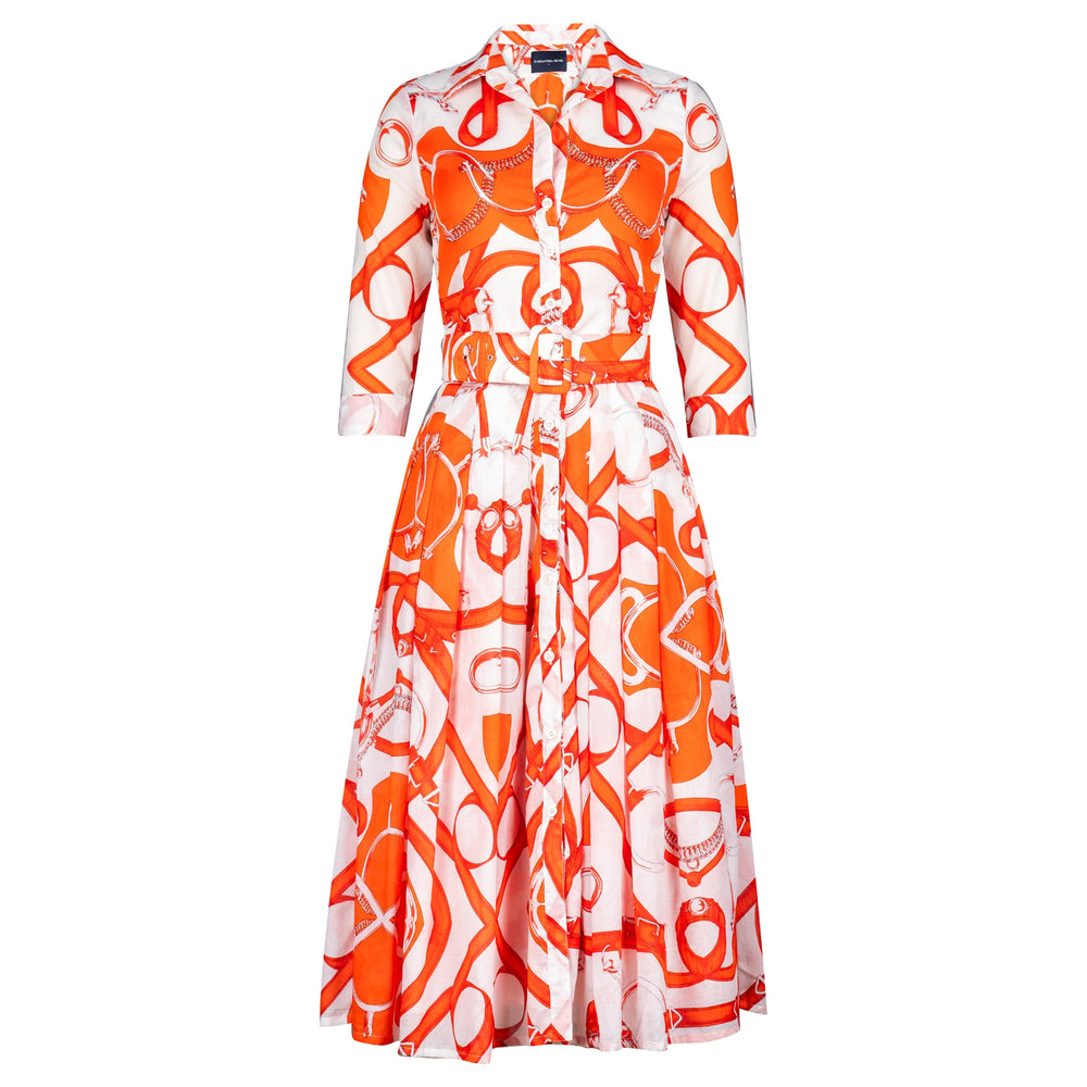 Women’s midi dress, long sleeves, button-front, cinched waist, white & bright orange print