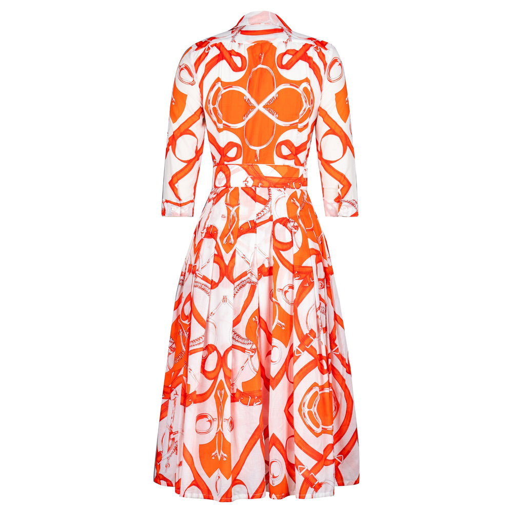 Women’s midi dress, long sleeves, button-front, cinched waist, white & bright orange print