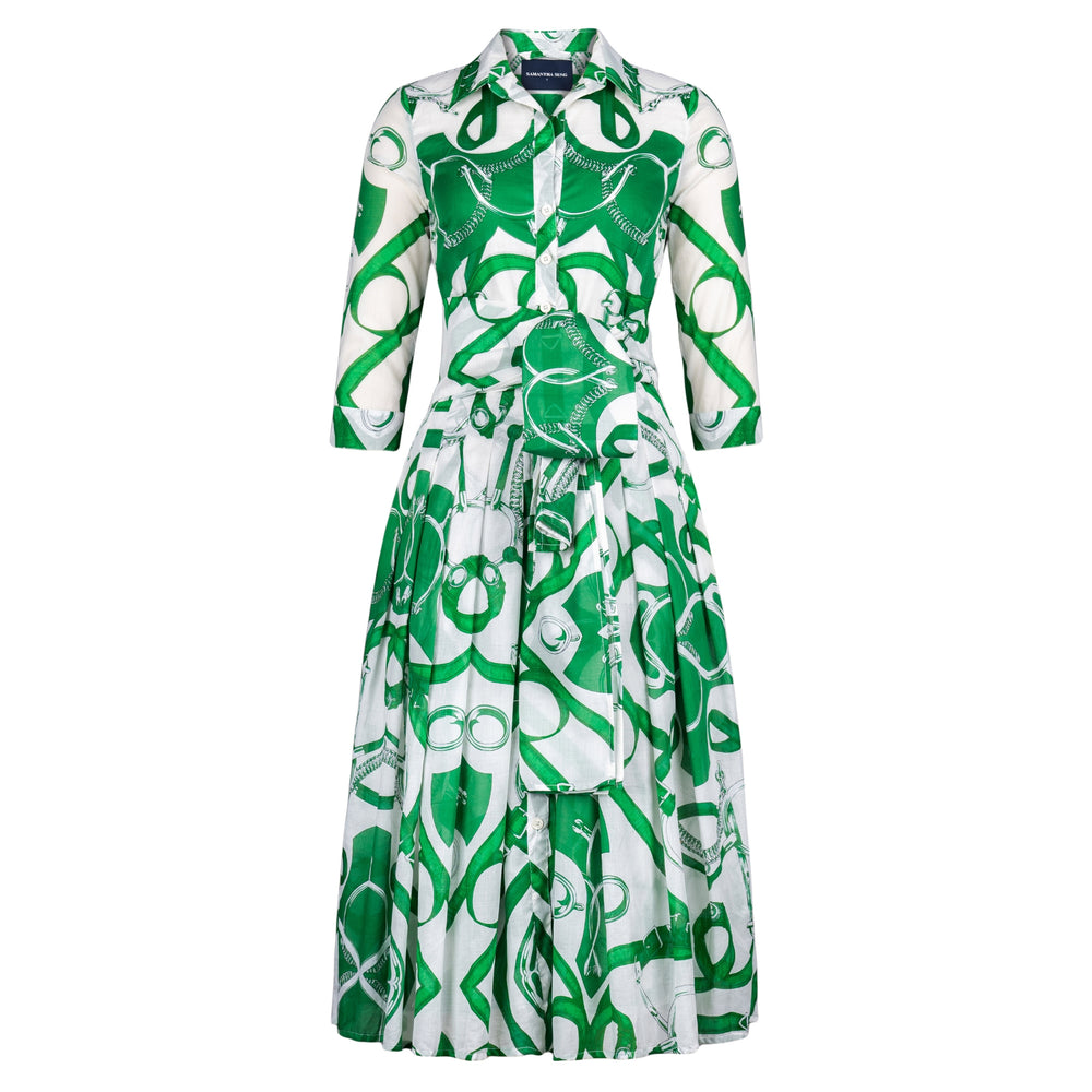 Green and white patterned long-sleeve dress with tie neck, fitted waist, pleated skirt
